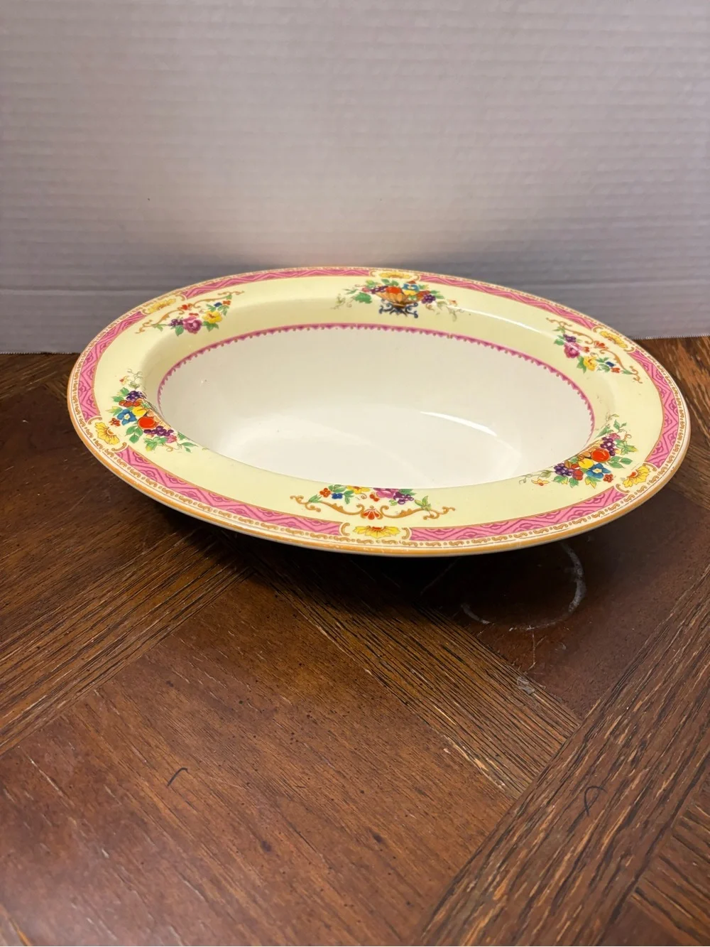 Cream Serving Bowl with Pink Floral Rim